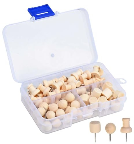 65 Chinchetas de Madera, Pines de Empuje Decorativos, Tachuelas para Tablero de Corcho con Caja Transparente, Chinchetas de Oficina para Manualidades, Material Escolar, Alfileres de Fijación