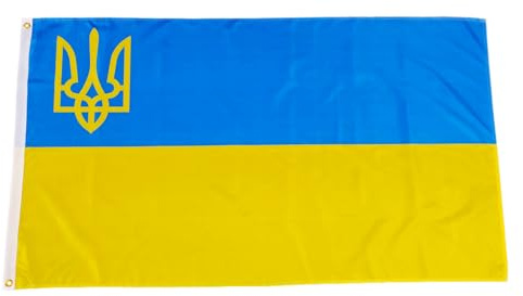 Fahne Flagge Ukraine mit Wappen links - 90 x 150 cm