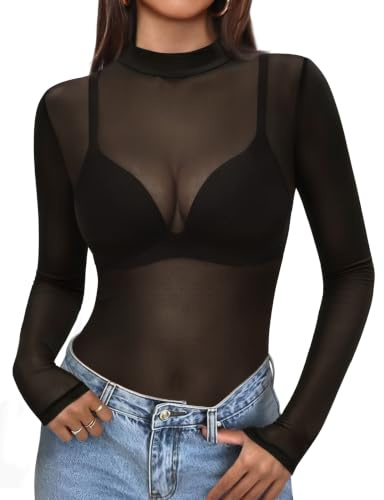 Zeagoo Nättopp damer, sexig långärmad skjorta, transparent nättopp | Långärmad t-shirt dam ståkrage | Transparent topp dam | Sheer Top Slim | Festival/fest/rave outfit dam | XS-XXL