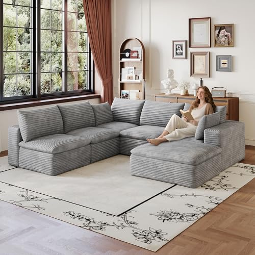 260*250 cm Cloud-Sofa aus Corduroy, Ecksofa ohne Montage, Doppelschicht mit herausnehmbaren & waschbaren Bezügen, komfortable Wohnlandschaft – Couch für Kinder & Haustiere in Wohnzimmer & Schlafzimmer