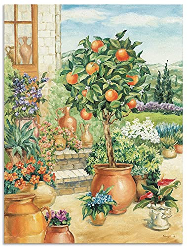 ARTland Wanddeko Wandbild Alu Verbundplatte für Innen & Outdoor Bild 60 x 80 cm Landschaften Garten Malerei Grün Orangenbaum A6YA