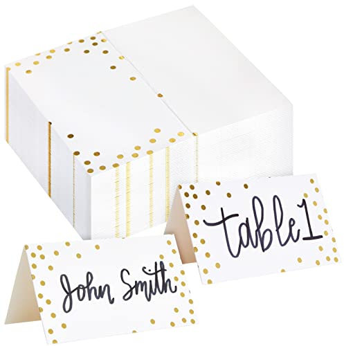 Petites Cartes Chevalet Porte-Nom Blanches à Pois Dorés, Paquet de 100 Cartes de Placement, 5,1 x 9 cm