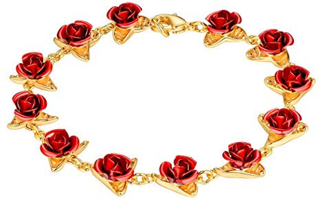 Suplight Bracelet Femme Plaqué Or 19cm Décor de Rose Fleur Rouge Bijoux Fantaisie pour Jeune Fille Girl Women Wristband Accessoire de Bal Soirée Mariage Fiançaille
