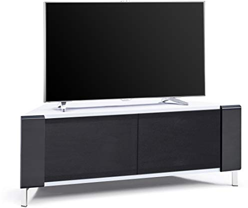 MDA Designs CORVUS Corner-Friendly Gloss White Contemporary Cabinet with Black Profiles Black BeamThru Glass Doors Suitable for Flat Screen TVs up to 50
