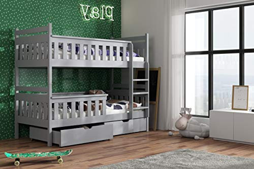 Arthauss Kids Wooden Solid Pine Bunk Bed TEZO With Storage Drawers in Grey - Wooden Bunk Bed with Ladder - Extra Underbed Storage for Easy Organisation Ladder on the RIGHT