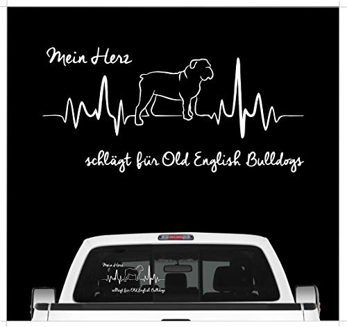 siviwonder Auto Aufkleber Old English Bulldog - OEB - Herzschlag Heart Autoaufkleber Hundemotiv Hundeaufkleber autoaufkleber Hund Folie weiß