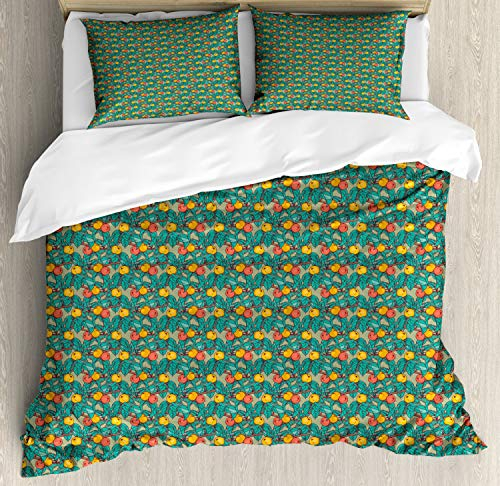 ABAKUHAUS Sommer Bettbezug Set für Einzelbetten, Apfelbaum-Frucht-Blätter Kunst, Milbensicher Allergiker geeignet mit Kissenbezug, 230 x 220 cm - 70 x 50 cm, Türkis und Multicolor