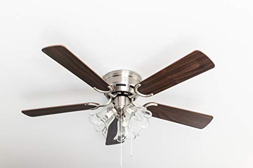 Pepeo - Kisa Deckenventilator mit Beleuchtung | Ventilator mit Zugschalter in Silber mit Wendeflügeln in Rosen- und Walnuss-Holz, Durchmesser 105 cm. (Farbe: Nickel gebürstet, Rosenholz/Walnuss)