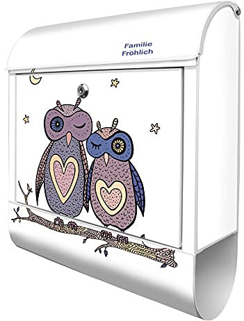banjado Design Briefkasten personalisiert 38,5x46,5x13cm & 2 Schlüssel - Briefkasten Stahl Weiß Zeitungsfach pulverbeschichtet - Postkasten A4 Einwurf inkl. Montagematerial - Motiv Verliebte Eulen