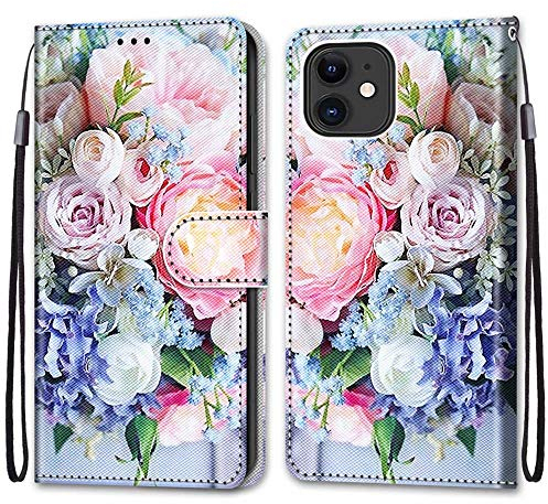 Nadoli Handyhülle Leder für iPhone 12 Mini 5.4,Bunt Bemalt Rosa Strauß Trageschlaufe Kartenfach Magnet Ständer Schutzhülle Brieftasche Ledertasche Tasche Etui