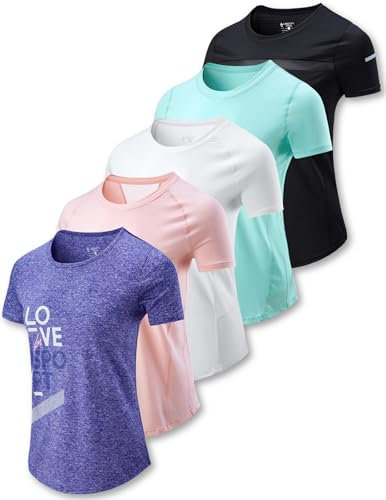 5er-Pack: Damen Dry Fit Kurzarm T-Shirts Athletic Workout Tee Tops für Gym Yoga Laufen, Pink/Weiß/Schwarz/Lila/Türkis, Groß