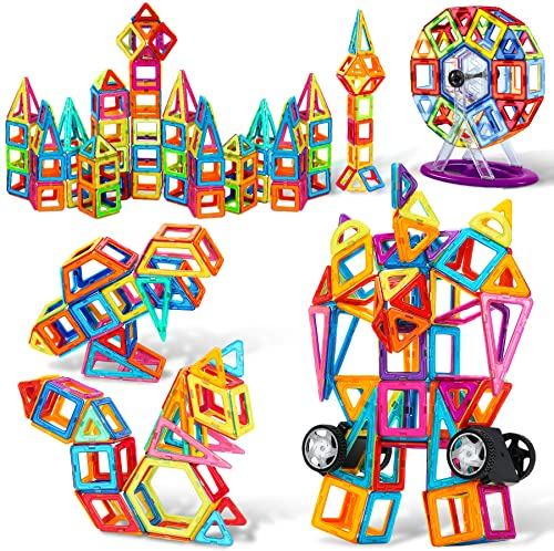 COOLJOY Magnetische Bausteine, 117 PCS Magnete Kinder ,Ideales Lernspielzeug mit Büchlein Aufbewahrungstasche, Magnetbausteine Auto Spielzeug/Roboter/Animal/Ferris Wheel