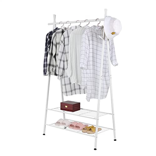 eSituro Porte-Manteau avec Tringle à Vêtements, Pendrerie Triangulaire en Tube Métallique avec 2 Étagères de Rangement, pour Chambre, Dortoir, Appartement, 106x44x161cm, en Métal, Blanc