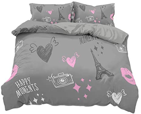 Der Eiffelturm Bettwäsche Set Mädchen Junge Mikrofaser 2/3 Teilig Bettbezug mit Reißverschluss Fahrrad Herz Bettbezug und Kissenbezug Nicht-Eisen Für Mann und Frau (Grau,200 x 200 cm)