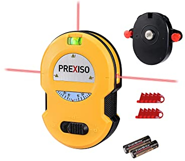 PREXISO Livella Laser, Laser a Linee Multisuperficie con Livelle a Bolla LED, Laser Orizzontale e Verticale da 9m con Base per Montaggio a Parete, 2 Pin, 10 Adesivi e 2 Batterie AA