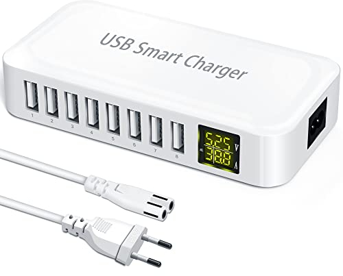 Ziwodiv USB Ladestation, 8-Port USB Ladegerät Mehrfach mit LCD Display, Multi Ladestation Mehrere Geräte USB Ladegerät für iPhone 15 14 13 Pro/Max, iPad, Samsung Galaxy S24/S23/S22, Pixel