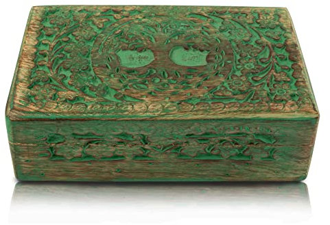 Tolles Geburtstagsgeschenk, handgefertigt, dekorative Holz-Schmuckschatulle, Baum des Lebens, Schnitzerei, Schmuck-Organizer, Andenkenbox, Aufbewahrungsschloss, Einweihungsgeschenk (grün)