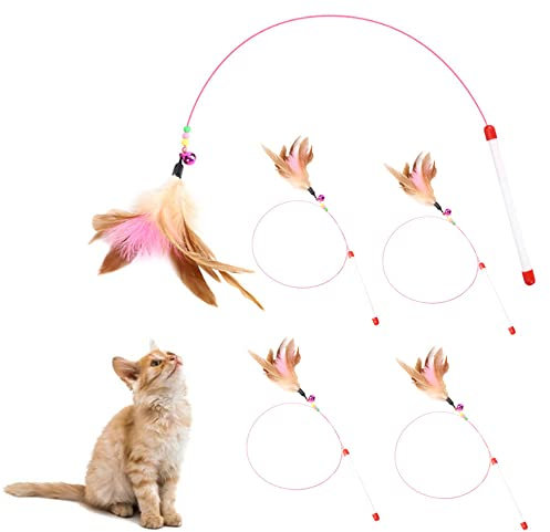 AWAVM 5 PCS Cat Teasers - Interactive Feather Wand with Bell and Natural Feather Refills