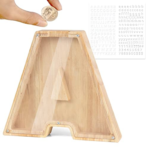 LEcylankEr Spardose Kinder Personalisierte A-Z Alphabet Sparbüchse Holz Spardose Dekoration Kreative groß Sparschwein als Geschenke für Geburtstag, Weihnachten und Thanksgiving (A)