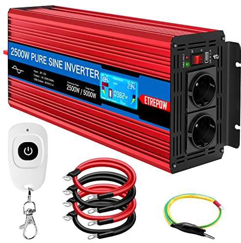 ETREPOW 2500W Inverter 12v 220v Onda Sinusoidale Pura Convertitore di Tensione Con 2 Prese EU e 2,1A USB, Telecomando Senza Fili,Display LCD e 2 Ventilatori,Picco 5000W
