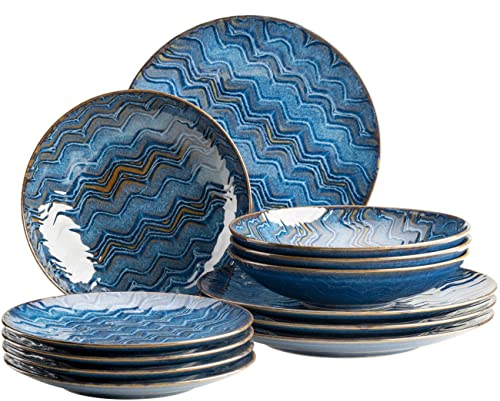 MÄSER 935072 Aquamarine, Aufregend lasiertes Teller Set für 4 Personen mit Speiseteller, Suppenteller und Dessertteller, 12-teiliges Tafelservice aus hochwertiger Keramik, Steinzeug, Blau