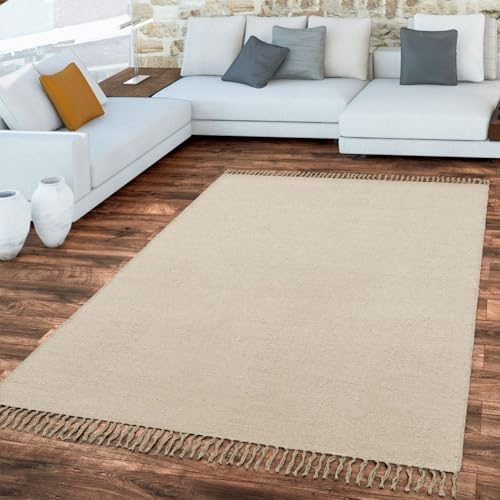 TT Home Wohnzimmer Teppich Flachgewebe Mit Fransen Unifarbenes Design Handgemacht, Farbe: Beige Creme, Größe:60x100 cm