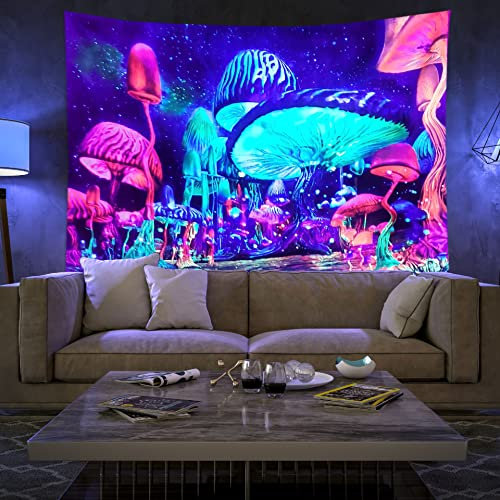 Lsimeru Fluoreszierend Wandteppich Psychedelic Pilze Wandbehang Wandtuch Trippy Bunt Moon Mushroom UV Licht Fantasy Dunkel Wandtücher Wanddeko Tapisserie Tapestry,150x100