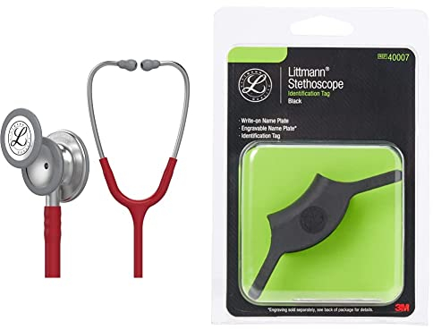 3M Littmann Classic III Stethoskop zur Überwachung, burgunderroter Schlauch, 69 cm, 5627 & 3M Littmann Stethoskop-Namensschild, Schwarz, 40007