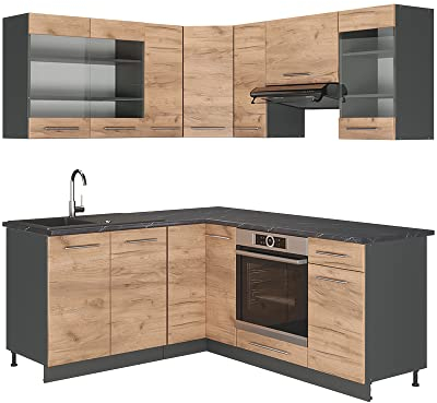 Vicco Eckküche Fame-Line, Goldkraft Eiche/Anthrazit, 160 x 190 cm ohne Arbeitsplatte