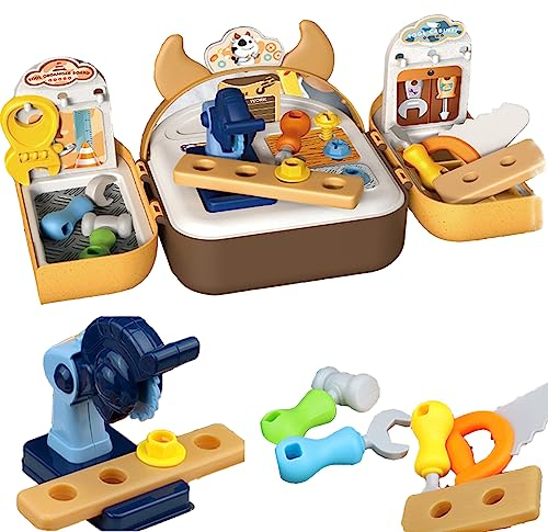 COO11 26cm Kids Tool Set Backpack, Pretend Play Construction Toys Tool Kit with Screwdriver, Saw, Wrench, Drill and Accessories, Portable Tools Box for Boys Ages 3+ Years
