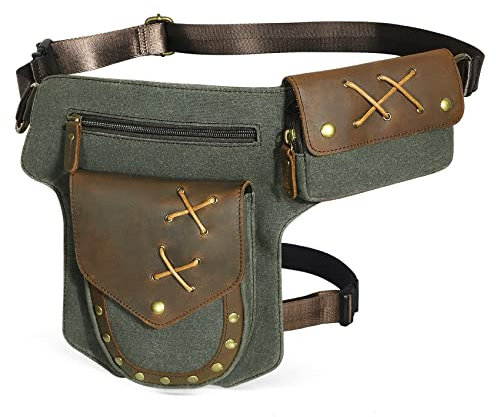 Herren Canvas + Leder Motorrad Reiten Tasche Beinbeutel Beintasche Außenbeintasche Hüfttasche Drop Leg Tasche FB211-8 (Grün)