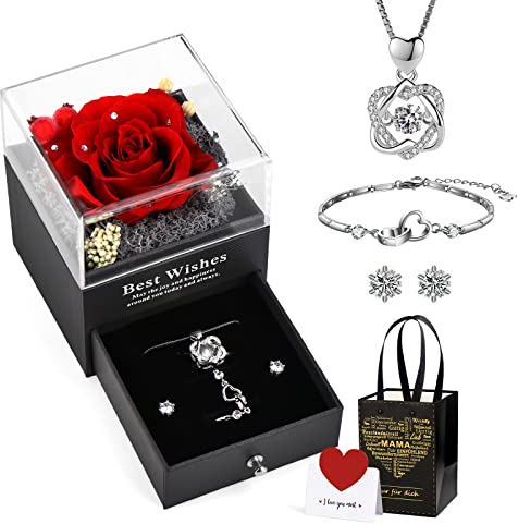 WIAZZLUK Ewige Echte Rose, Handgefertigte konservierte Rosen Schmuck Geschenkbox mit Herz Halskette Ohrringe und Armbänder, Geschenke für Mama Muttertag, Thanksgiving, Geburtstag