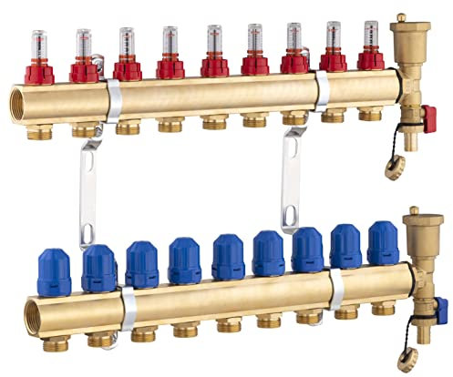 Collecteur plancher chauffant en laiton 9 départs/retours avec débitmètres NOYON & THIEBAULT
