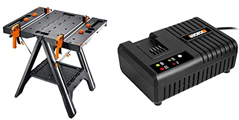 WORX Pegasus WX051 Multifunktions-Arbeitstisch Mobile Werkbank & WA3867 Akku Ladestation – Akku Schnell-Ladegerät - universal für WORX PowerShare Akkus bis 6000mAh