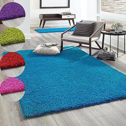 VIMODA Hochflor Teppich Prime Shaggy Langflor Wohnzimmer Schlafzimmer Rund Farbig, Farbe:Turkis, Maße:120x170 cm