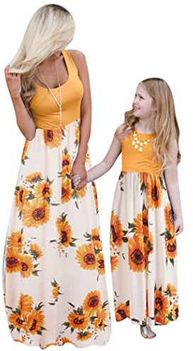 OMZIN Mama Und Ich Maxikleider Blumendruck Ostern Tank Kleid ärmellos Mutter Und Tochter Matching Outfits Gelbe Blume S