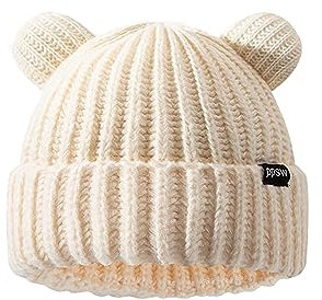 VPTMRP Strickmütze mit Bärenohren, warm, lässig, gehäkelt, beige, M/L