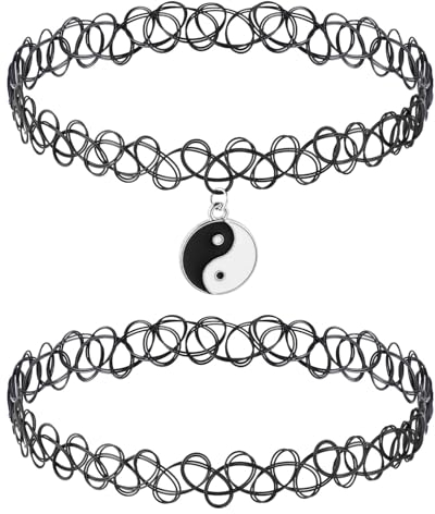 DIVINA VITAE 2 Stück Schwarze Tattoo Kette Choker Kette Damen Stretch Schmuck 90s Halskette für Damen Teenager Mädchen Schwarze Anhänger Schmuck für Sommerstil Tattoo Choker Halsband