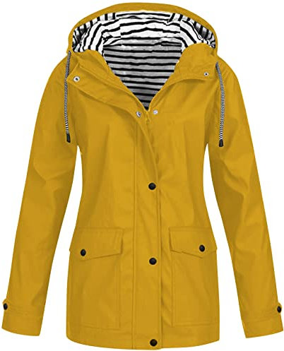 Générique Ciré Femme Coupe Vent Manteau de Pluie avec Capuche Casual Zippé Chaude Parka Sport Outdoor Grande Taille Randonnée Veste Marque Automne Adulte Jacket Jaune L