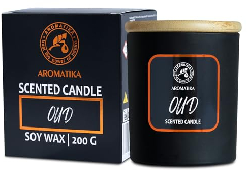 Scented candle Oud - Oud Duftkerze 200 g - Aroma Kerze - Aromatherapie Sojawachs Kerze - Duftkerze im Glas - Kerzen für Raumduft - Duft für Männer - AROMATIKA trust the power of nature