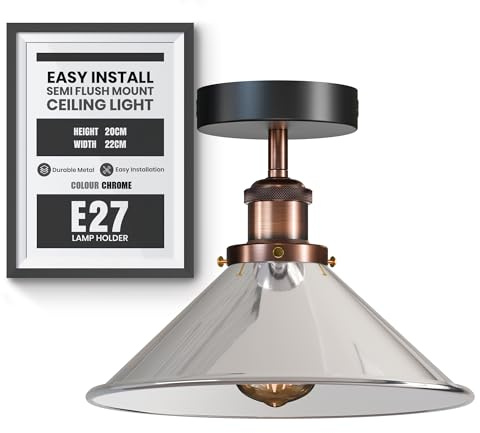 LEDSone Vintage Flush Mount Ceiling Light Fixture 22cm Cone Satin Nickel Lampshade Industrial Metal E27 Lamp Holder Ceiling Lighting for Bedroom Living Room Kitchen Without Bulb