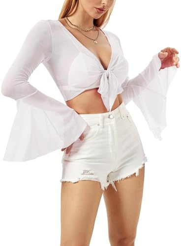EVELUST Rave Bell Mesh Crop Top für Damen – EDC Festival Langarm Krawatte vorne durchscheinendes Hemd Rüschen Fairycore Bluse Outfits, Weiss/opulenter Garten, Klein