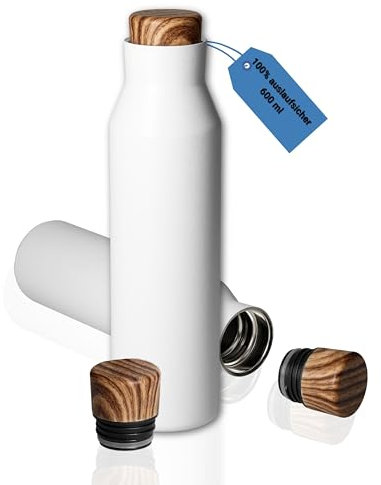 elasto PROMOTION FOR LIFE Premium Vakuumflasche Malmö - Trinkflasche mit 0,6 Liter Fassungsvermögen - Hochwertige Isolierflasche mit stilvollen Edelstahl-Design, Farbe:weiß