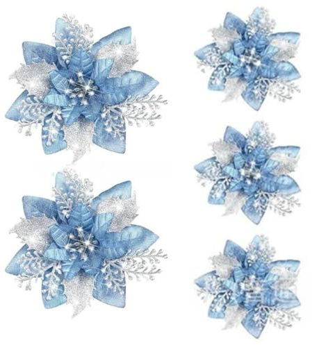 5PCS Sparkling Christmas Decorations Gold Powder Flower, Glitter Christmas Tree Ornaments,Handmade Fake Sparkling Flower(Light Blue)