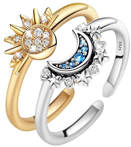 Flossty Sonne Mond Ringe Set, Verstellbare Gold Silber Freundschaftsringe für Frauen, Himmlische Sonne und Mond Ring Set Damenringe, Geschenk für Valentinstag