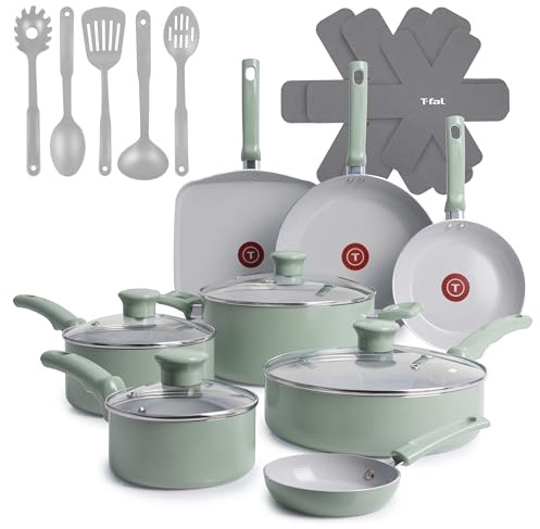 T-fal Refresh Ceramic, Ceramic Non Stick Cookware Set 20 Piece, Oven Broiler Safe 350F, Kitchen Set w/Egg Pan, Fry Pans, Saucepans, Griddle, Sautepan, Dutch Oven & Utensils, Pots, Pans, Mint Green | Recycled aluminum body, Thermo-Spot heat indicator, Oven safe to 350°F, No induction, Vented glass lids included