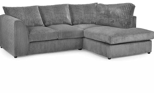 Right Hand Corner Sofa - Jumbo Cord L Shaped Sofas for Living Room with Thick Luxury Fixed Back Rest Cushioning | Sectional Couches Lounge Sofa Grey