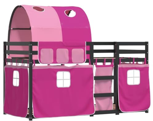 vidaXL Etagenbett, Kinderbett mit Vorhängen Leiter, Hochbett Spielbett für Kinder ab 6 Jahren, Doppel Stockbett Bett, Rosa 90x190cm Massivholz Kiefer
