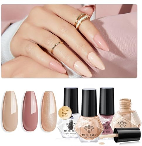 Modelones Nail Polish Set 3 Colors Brown Nude Nail Polish Base and Top Coat & Remover Pads Bubble Natural Skin Tone Glitter Finger Nail Polish Manicure Diy Nail Art Salon Home