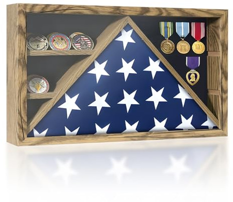 DecoWoodo Vitrine mit Holzflagge für 90 x 150 cm große amerikanische Flaggen – abnehmbarer Münzhalter mit Filzfutter für Medaillen und Abzeichen, Vintage, rustikal